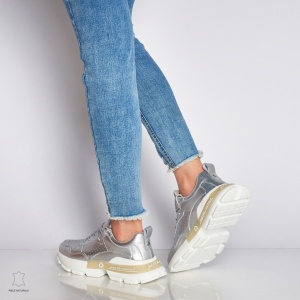Pantofi Casual dama din Piele naturala cu talpa groasa LF0046 Argintiu - Img 2