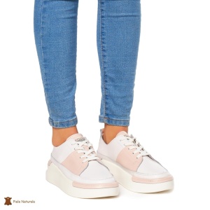 Pantofi Casual dama din Piele naturala cu talpa groasa LF0056 ALB CU ROZ