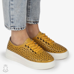 Pantofi Casual dama din Piele naturala PERFORATI USORI CU SIRET LF1341 MUSTAR - Img 3