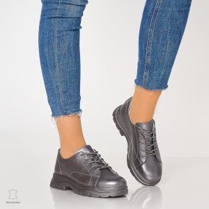 Pantofi casual de dama din piele naturala cu talpa aderenta LF0010 PEWTER
