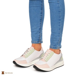 Pantofi casual de dama din piele naturala cu talpa plata LF0019 Alb cu Roz - Img 3