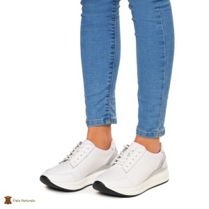 Pantofi casual de dama din piele naturala cu talpa plata LF0019 ALB