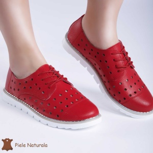 Pantofi Casual de dama perforati din Piele Naturala cu talpa joasa LF0166 ROSU