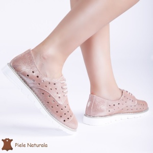 Pantofi Casual de dama perforati din Piele Naturala cu talpa joasa LF0166 ROZ - Img 2