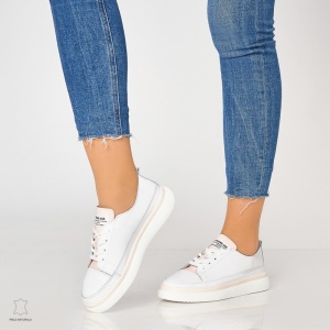 Pantofi casual trendy de dama din piele naturala Multicolor LF0007 Alb - Img 2