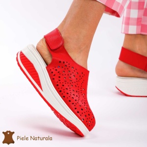 Pantofi Perforati dama din Piele Naturala cu talpa inalta LF0186 ROSU