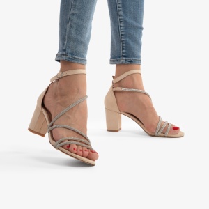 SANDALE ELEGANTE DIN PIELE ECOLOGICA Intoarsa Cu Toc Gros si strasuri LF0754 BEJ