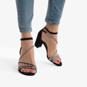SANDALE ELEGANTE DIN PIELE ECOLOGICA Intoarsa Cu Toc Gros si strasuri LF0754 NEGRU - Img 2