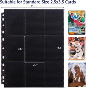 1 set - 18 fickor svarta samlarkortsfodral för pärmar, dubbelsidiga tjockare spelkortsfodral för 3-ringspärmar, 9-fickors sidoskydd för Pokémon, MTG, Yu-Gi-Oh!