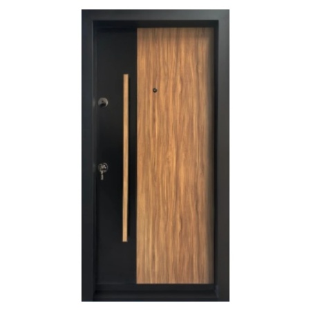 Novo Doors NDA3 fém külső ajtó szigeteléssel és kukucskálóval, Kompozit, 2 szárny, Komplett készlet, Házakhoz, Fekete gyöngyház világos tölgyfával