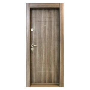 Fém lakásbejárati ajtó szigeteléssel és kitekintővel Novo Doors First Class NDS19, burkolt tokkal és PVC fóliával, balos/jobbos nyitással, Méret 200X88 cm, acéllemez 1.2 mm, komplett készlet, tanganika barna