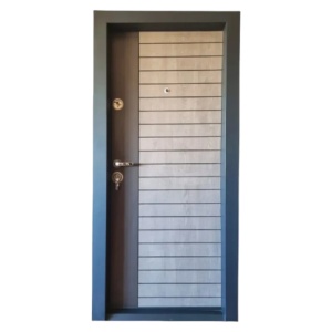 Novo Doors NDFC19 kültéri bejárati fém ajtó lakáshoz antracitszürke színben, jobb oldalon világosszürke nyílással
