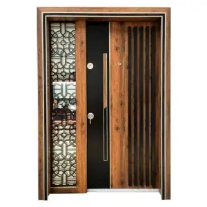 Usa metalica dubla de exterior Novo Doors NDS1000 de culoare Negru perlat cu stejar auriu cu deschidere pe Dreapta