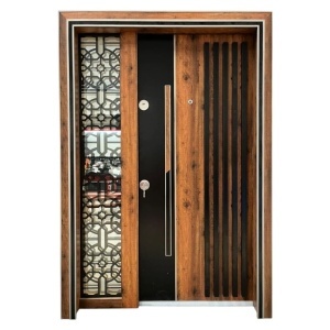 Usa metalica dubla de exterior Novo Doors NDS1000 de culoare Negru perlat cu stejar auriu cu deschidere pe Dreapta