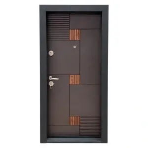 Fém lakásbejárati ajtó szigeteléssel és kitekintővel Novo Doors First Class NDS06, balos/jobbos nyitással, Méret 200X88 cm, acéllemez 1.2 mm, komplett készlet, antracitszürke cu betét Stejar