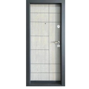 Fém lakásbejárati ajtó szigeteléssel és kitekintővel Novo Doors First Class NDS01, balos/jobbos nyitással, Méret 200X88 cm, acéllemez 1.2 mm, komplett készlet, világosszürke