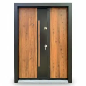 Usa metalica dubla de exterior Novo Doors NDA1D de culoare Negru perlat cu Stejar auriu cu deschidere pe Stanga