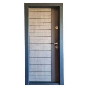 Novo Doors NDFC19 kültéri bejárati fém ajtó lakásba antracitszürke színben, bal oldalon világosszürke nyílással