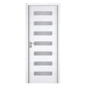 MDF beltéri ajtó Novo Doors ND318, tömörfa keret, homokfúvott üveg, komplett készlet, tok, kilincsek és zsanérok tartozékok