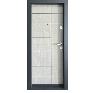 Fém lakásbejárati ajtó szigeteléssel és kitekintővel Novo Doors First Class NDS01, balos/jobbos nyitással, Méret 200X88 cm, acéllemez 1.2 mm, komplett készlet, világosszürke