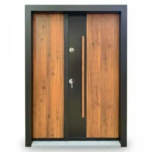 Usa metalica dubla de exterior Novo Doors NDA1D de culoare Negru perlat cu Stejar auriu cu deschidere pe Dreapta