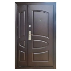 Kétszárnyú fém bejárati ajtó szigeteléssel és kitekintővel Novo Doors ND5002,balos/jobbos nyitással, 1 zárral, több méretben,acéllemez 0.7 mm, zsanérok és kilincs tartozékok, 7 cm-es tokkal, családi házakhoz, kalapácslakk barna