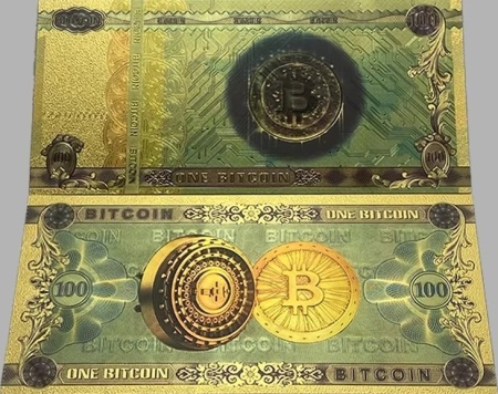 100 bitcoin, bancnota aurita - polimer
