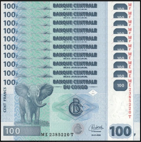 Congo Democratic 2022 - 100 francs, necirculata (10 bucati)
