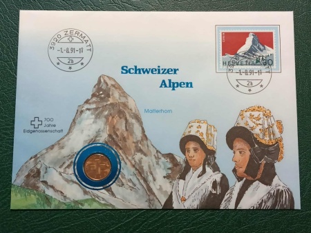 Elvetia 1986B - FDC cu moneda 1 rappen, necirculata