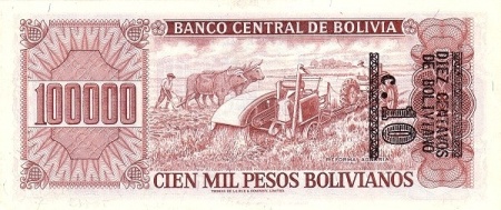 Bolivia 1984 - 100.000 pesos(supr.10 centavos), necirculata - Img 2