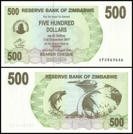 Zimbabwe 2007 - 500 dollars, necirculata