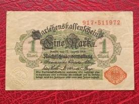 Germania 1914 - 1 mark, circulata - serie cu rosu