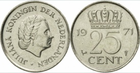 Olanda 1971 - 25 cents, circulata