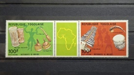 Togo 1985 - expo filatelic cu instrumente muzicale traditionale, triptic neuzata