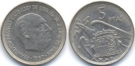 Spania 1957 - 5 pesetas, circulata