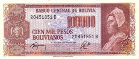 Bolivia 1984 - 100.000 pesos(supr.10 centavos), necirculata