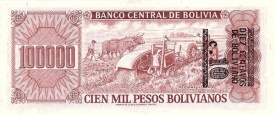 Bolivia 1984 - 100.000 pesos(supr.10 centavos), necirculata - Img 2