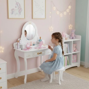 Veliki drveni toaletni sto za decu sa ogledalom i roze dodacima, ECOTOYS - Img 10