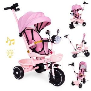 Tricikl za decu sa rotirajućim sedištem, gurajućim rukohvatom i tendom pink,ECOTOYS - Img 7