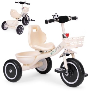 Tricikl sa neklizajućim rukohvatima, zvoncem i korpom, Beige, ECOTOYS - Img 3