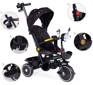Tricikl za decu sa rotirajućim sedištem, gurajućim rukohvatom i tendom black, ECOTOYS - Img 5