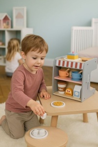 Drveni dečiji aparat za kafu 2 u 1 sa barista setom, 26 dodataka – EcoToys - Img 5