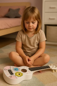 Ukulele drvena gitara za decu sa 4 najlonske žice i trzalicom bela– ECOTOYS - Img 2