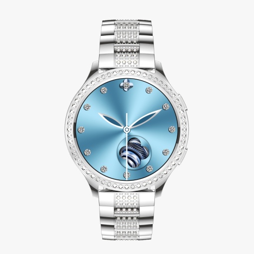 Ceas smartwatch dama, Singlait SG53, ecran rotund AMOLED 1.32", inteligent, fitness, sport, rezistent apa 3ATM, smart, notificari, wireless, apel Bluetooth 5.3, microfon HD, pentru femei, carcasa metalica, 2 bratari incluse, metal si silicon, argintiu