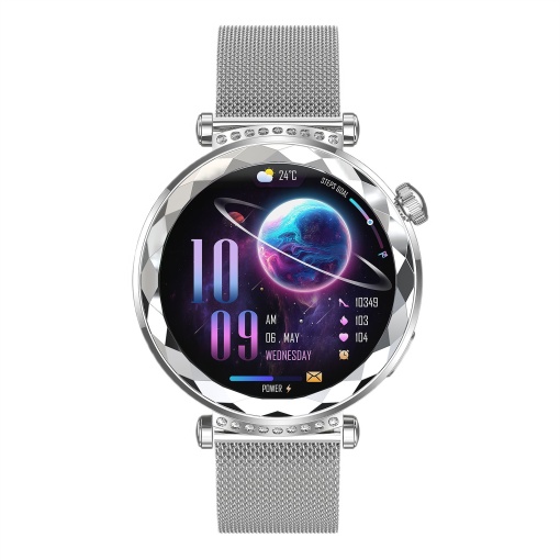 Ceas smartwatch dama, Singlait® SG88, ecran rotund AMOLED 1.19", inteligent, fitness, sport, rezistent apa, smart, notificari, wireless, apel Bluetooth 5.3, microfon HD, pentru femei, carcasa metalica, 2 bratari incluse, metal si silicon, argintiu