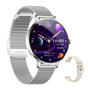 Ceas smartwatch dama, Singlait®, model SG89, fitness, sport, rezistent apa, functie smart numarat pasi, notificari, display 1.43" Amoled, wireless, apelare Bluetooth 5.3, microfon HD, monitorizare somn, 2 bratari incluse, argintiu