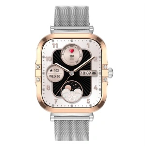 Ceas smartwatch dama, Singlait® SG82 Luxury, dreptunghi AMOLED 1.75", inteligent, fitness, sport, rezistent apa, smart, notificari, wireless, apel Bluetooth 5.3, microfon HD, pentru femei, carcasa metalica, 2 bratari incluse, metal si silicon, argintiu