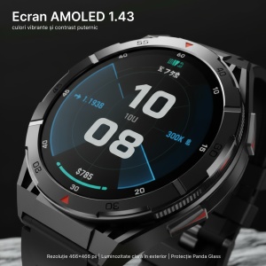 Ceas smartwatch Negru, Singlait sin2A, 1.43 inch, Amoled, GPS, multi sport, apel bluetooth 5.0, agenda, ritm cardiac inteligent, oxigen, rezistent la apa IP67, difuzor, notificari, 2 curele, silicon si metal - Img 4