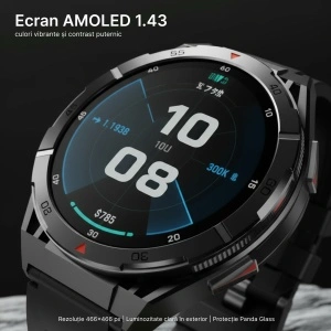 Ceas smartwatch Negru, Singlait sin2A, 1.43 inch, Amoled, GPS, multi sport, apel bluetooth 5.0, agenda, ritm cardiac inteligent, oxigen, rezistent la apa IP67, difuzor, notificari, 2 curele, silicon si metal - Img 4