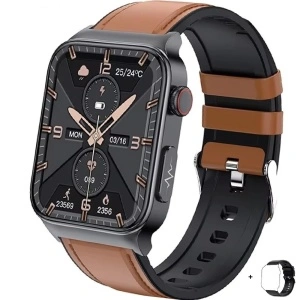 Ceas smartwatch, Singlait® Sinwatch12, inteligent, fitness, sport, rezistent la apa, functie smart numarat pasi, unisex, notificari, ecran 1.92", apelare Bluetooth, microfon HD, monitorizare somn, 2 bratari incluse, negru, maro